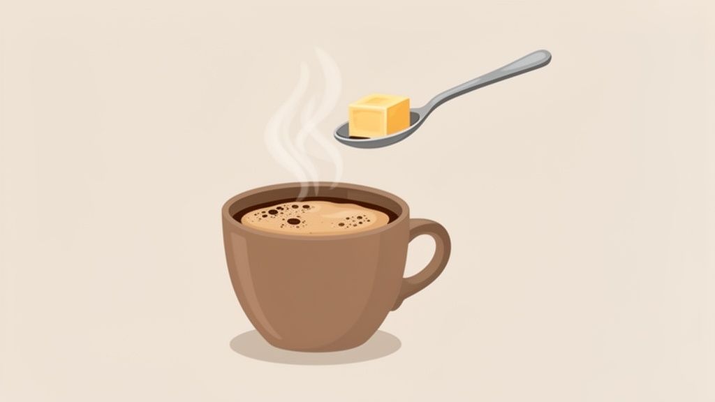 A steaming mug of coffee with a spoon holding a cube of butter above it, ready to be added.