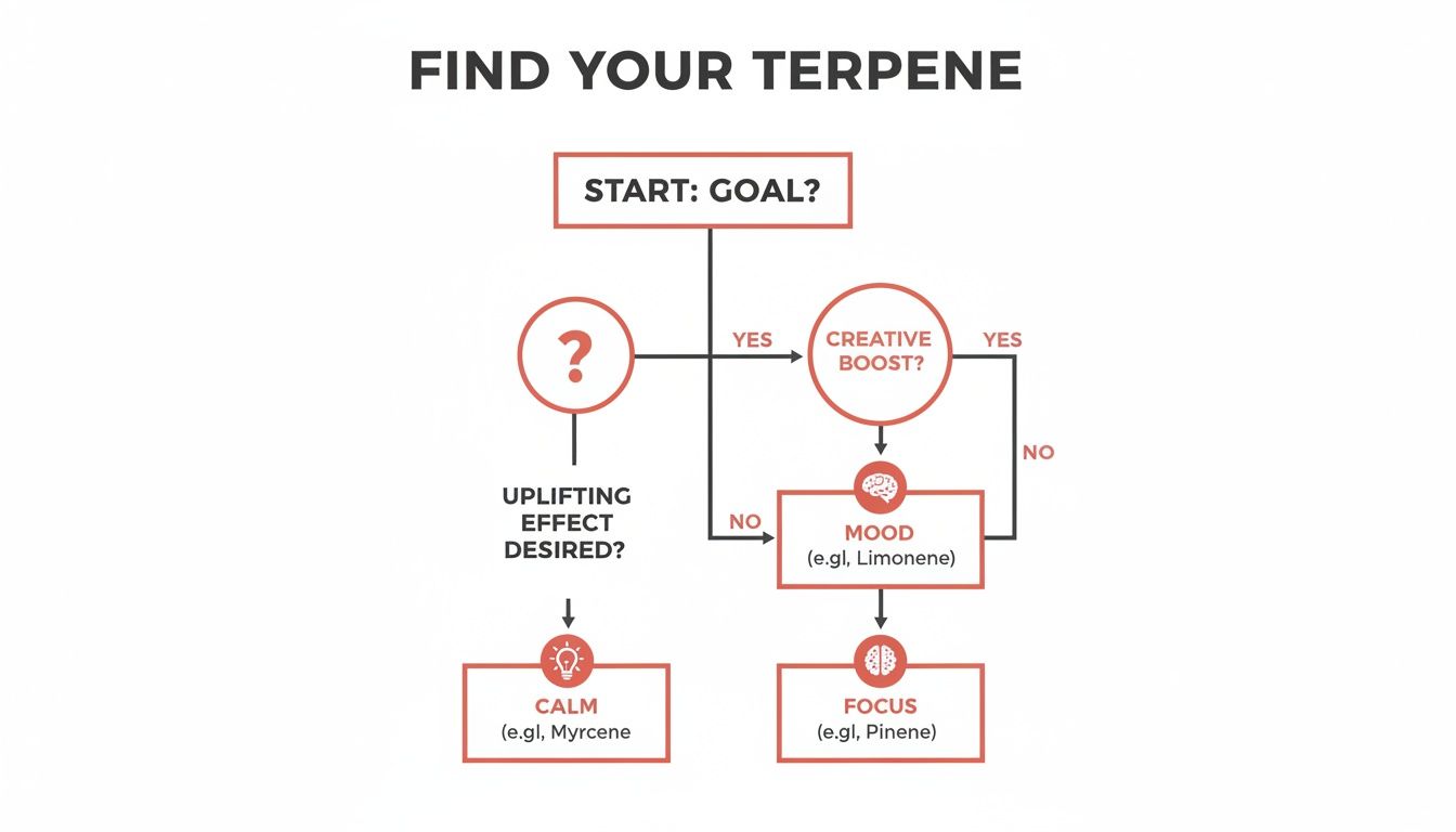 A flowchart guides users to find their ideal terpene based on desired effects like calm, mood, focus, or creativity.