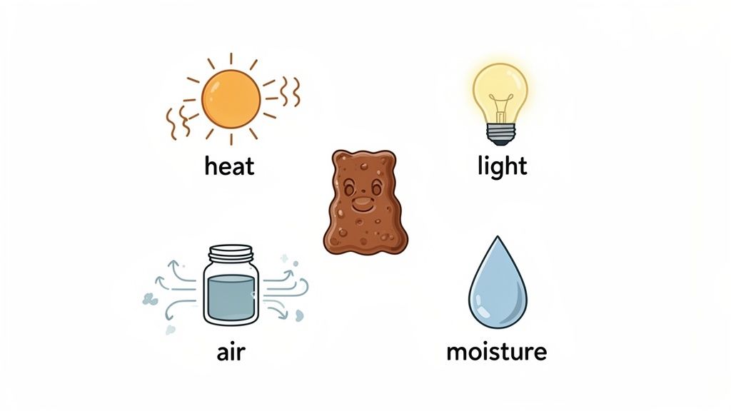 An illustration showing a gummy bear surrounded by icons representing heat, light, air, and moisture.