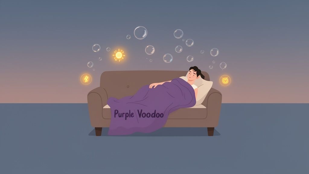 A person relaxes on a couch under a purple 'Purple Voodoo' blanket, surrounded by glowing symbols and bubbles.