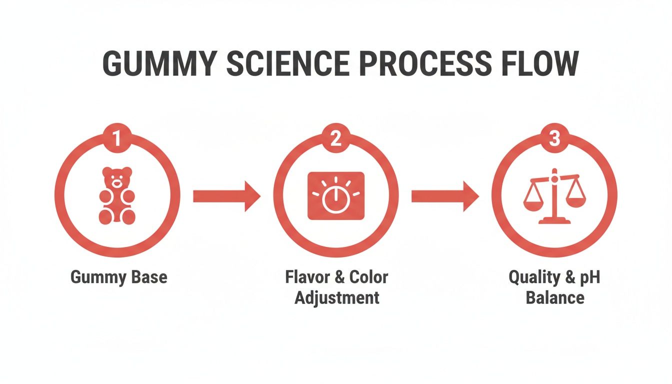 A flow chart illustrating the gummy science process, from gummy base to flavor, color, quality, and pH balance.