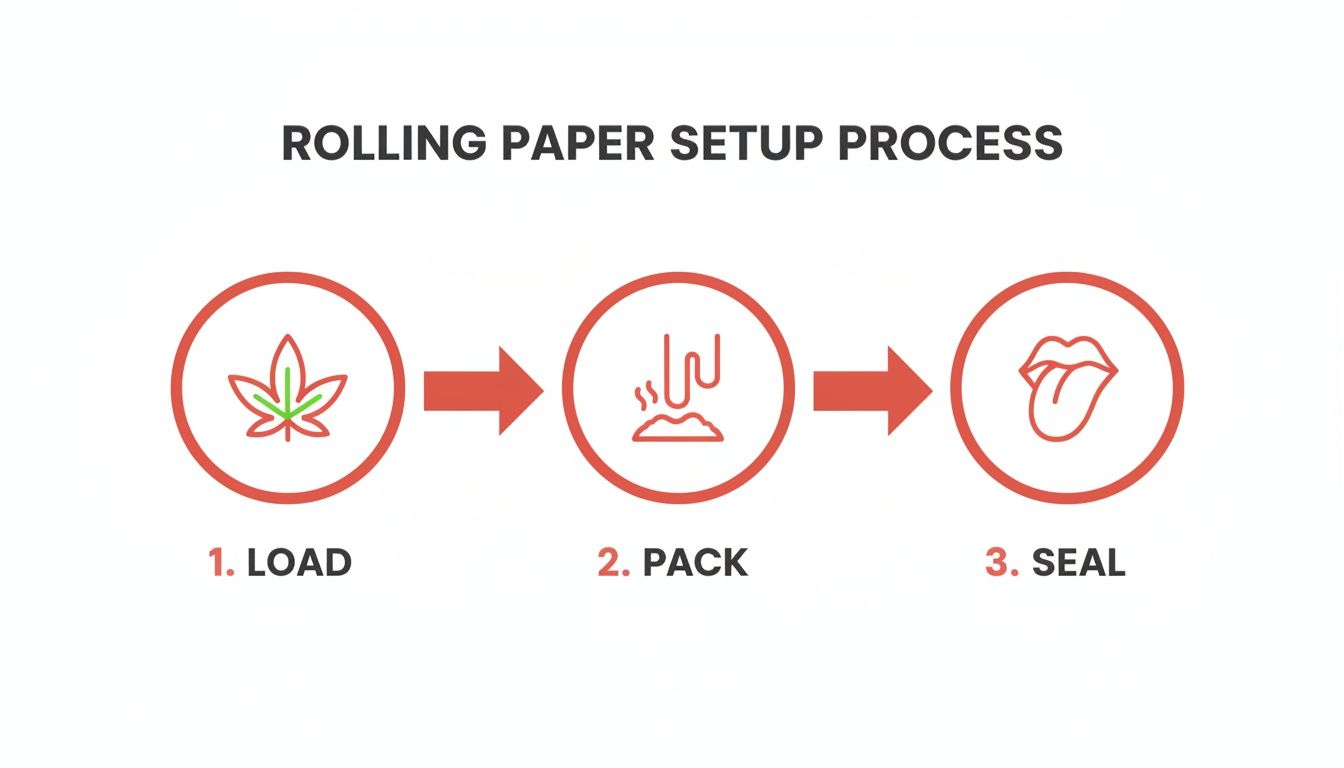 Diagram showing the 3-step rolling paper setup process: load (cannabis leaf), pack, and seal (lips).