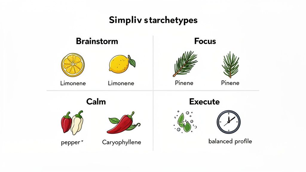 A grid showcasing Simpilv starchetypes: Brainstorm (Limonene), Focus (Pinene), Calm, and Execute profiles.