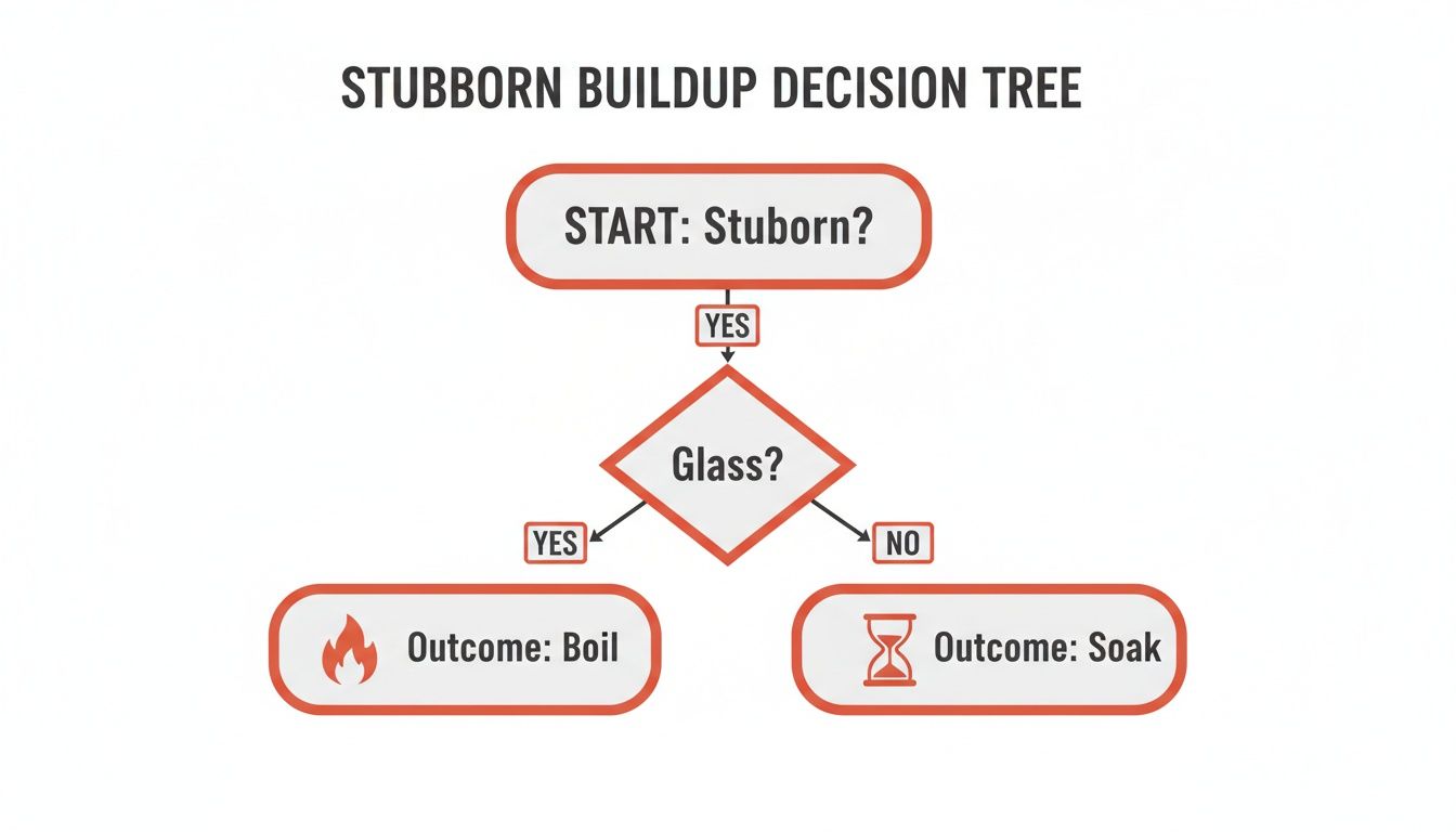 A decision tree flowchart for cleaning stubborn buildup, leading to 'Boil' for glass and 'Soak' for other materials.