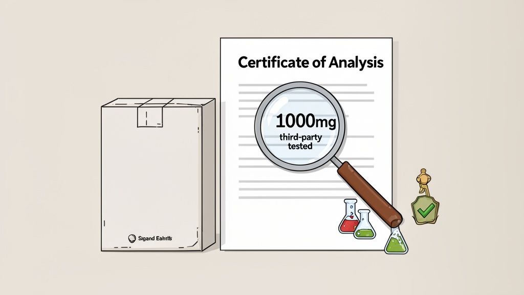 Certificate of Analysis showing 1000mg and third-party tested for a product in a box.
