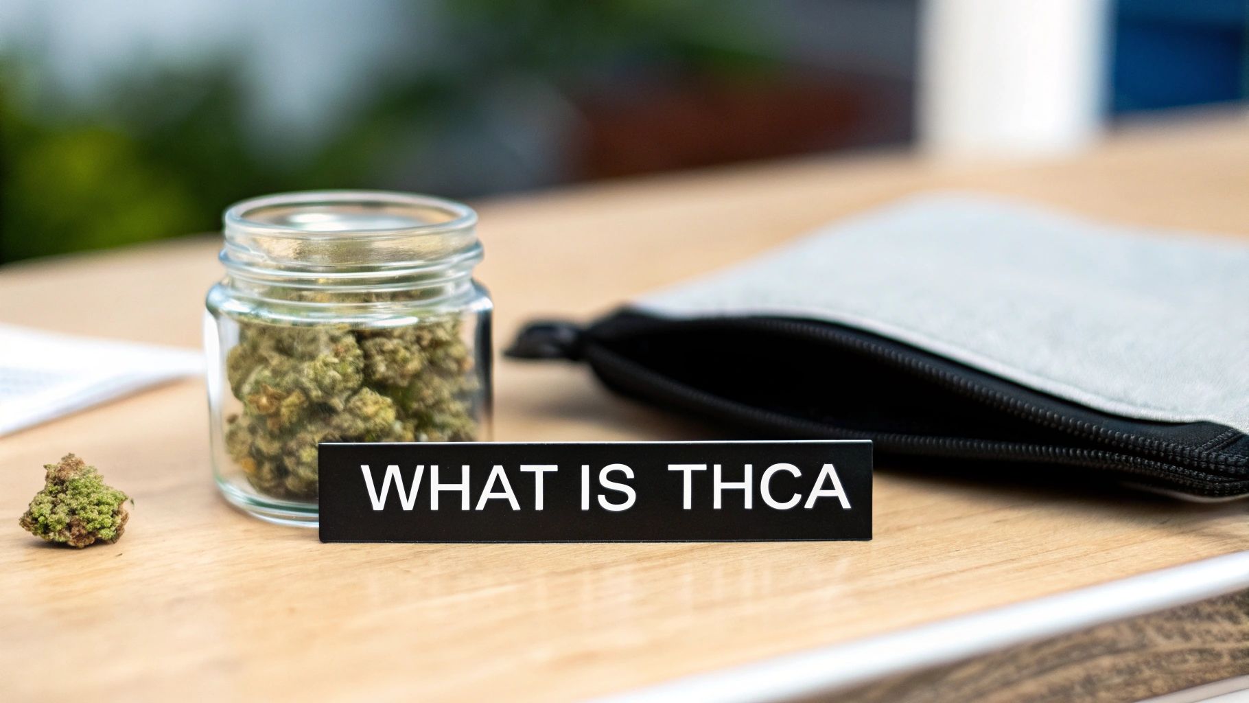 A glass jar filled with THCA flower, a loose bud, and a sign asking 'WHAT IS THCA' on a wooden table.