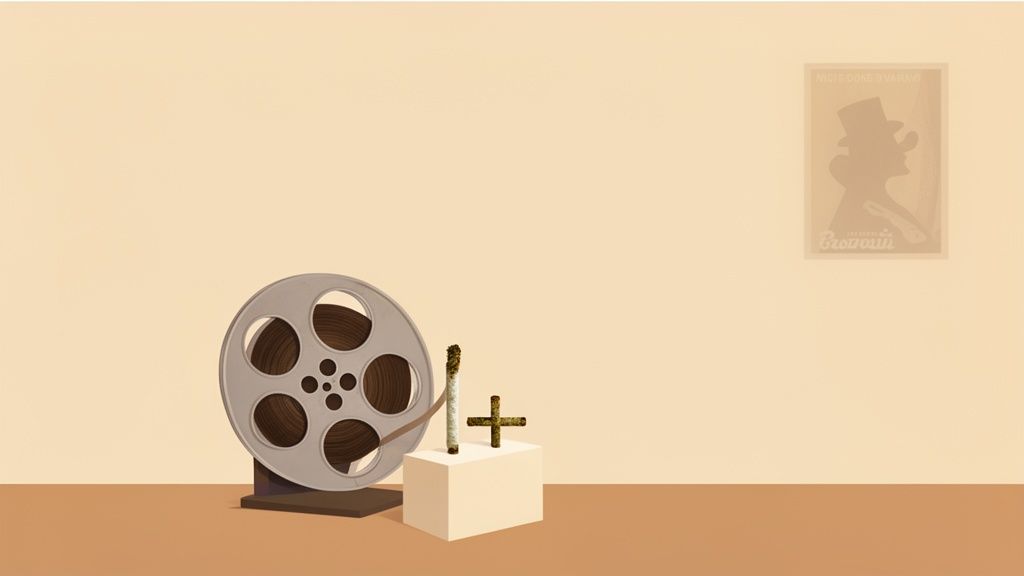 A film reel with cannabis joints, one cross-shaped, on a display stand with a faded poster.