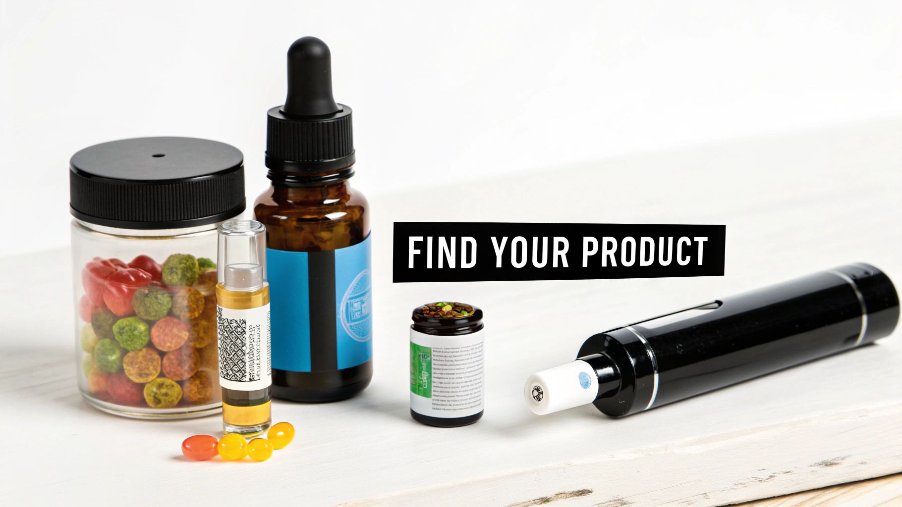 Various cannabis products displayed, including edibles, oils, flower, and a vape pen, on a white surface.