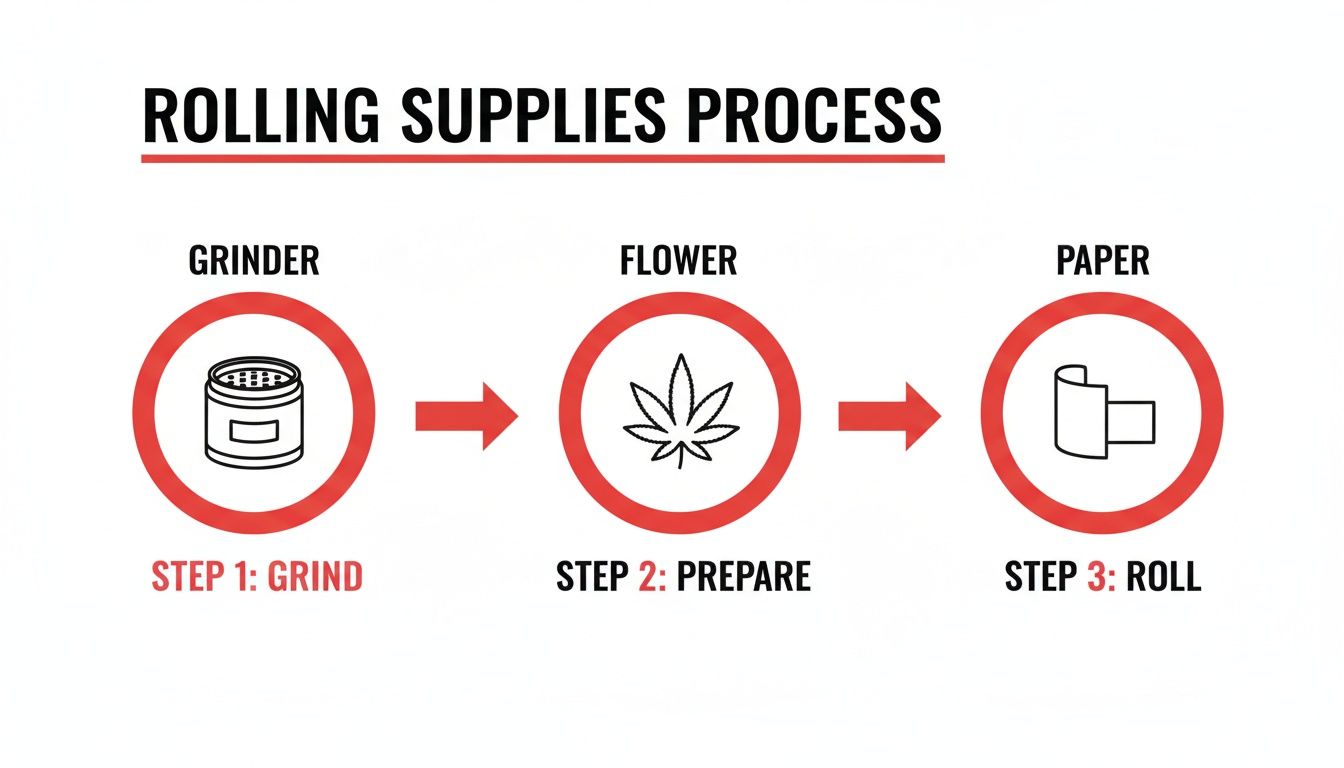 Diagram illustrating the three-step process for preparing rolling supplies: grinder, cannabis flower, and rolling paper.