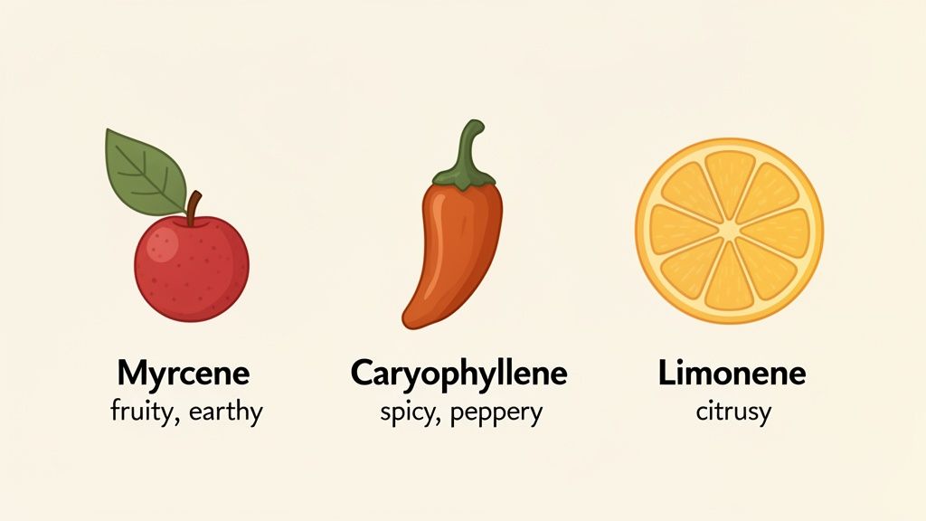 Images show Myrcene (apple, fruity/earthy), Caryophyllene (chili, spicy/peppery), and Limonene (orange, citrusy).