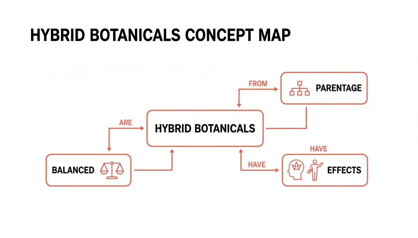 Concept map illustrating hybrid botanicals, showing their parentage, balanced nature, and effects.