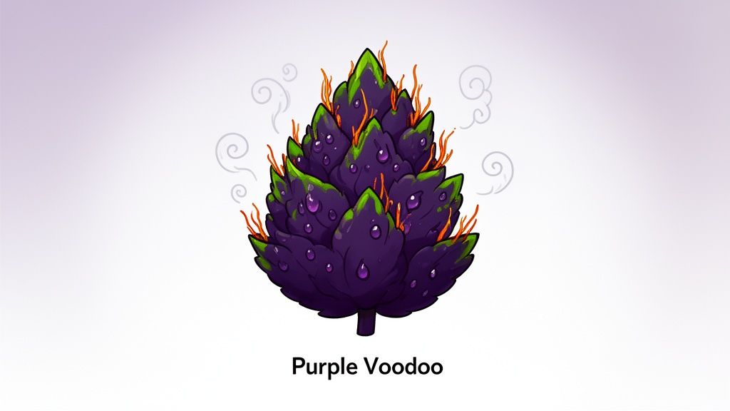 Vibrant illustration of Purple Voodoo cannabis bud with deep purple leaves, green accents, orange tendrils, and smoky swirls.