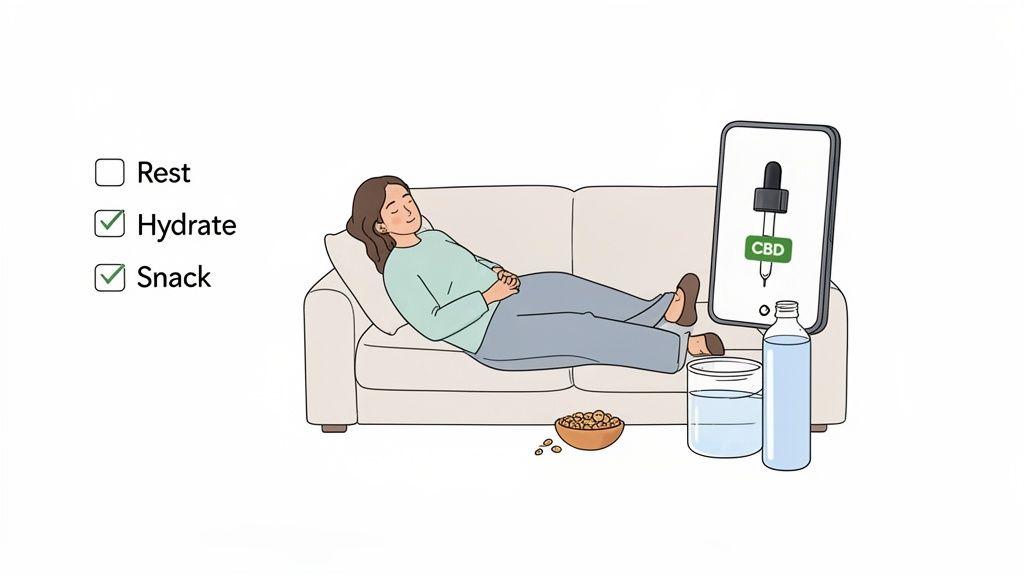 A woman rests on a couch with a CBD phone screen, water, and snacks, showing a self-care checklist.