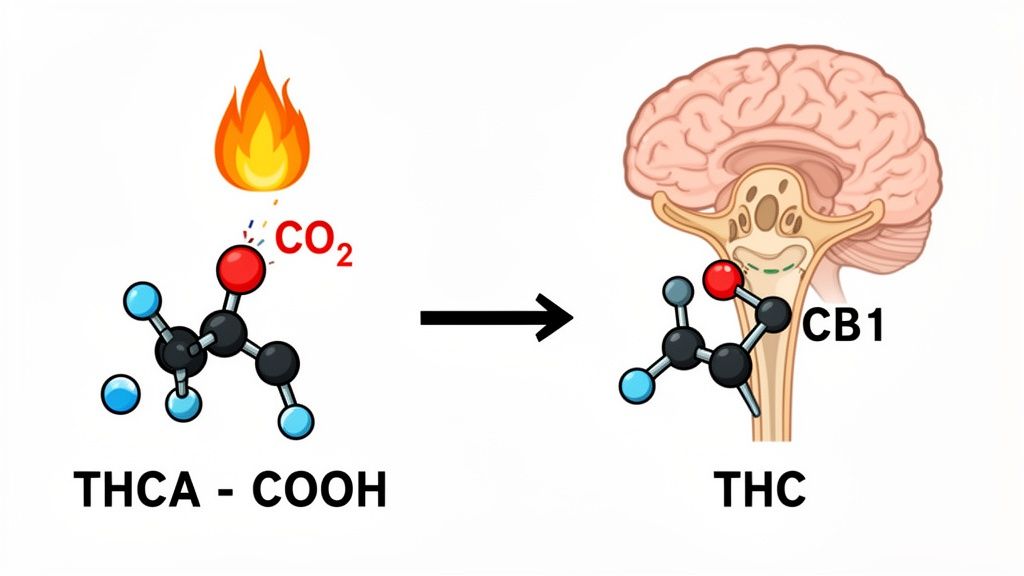 Diagram illustrating THCA decarboxylation by heat to THC, which then interacts with brain CB1 receptors.
