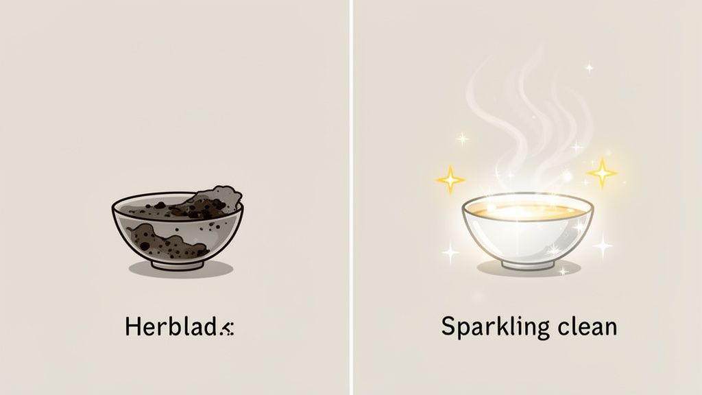 A dirty bowl filled with mud and a sparkling clean bowl with glowing liquid, illustrating before and after cleaning.