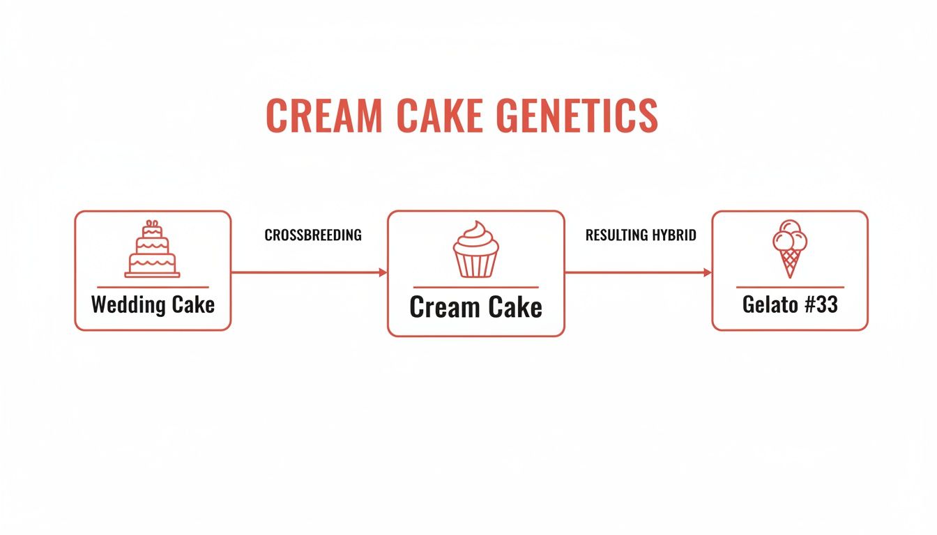 Diagram illustrating Cream Cake strain genetics, showing it as a hybrid of Wedding Cake and Gelato #33.