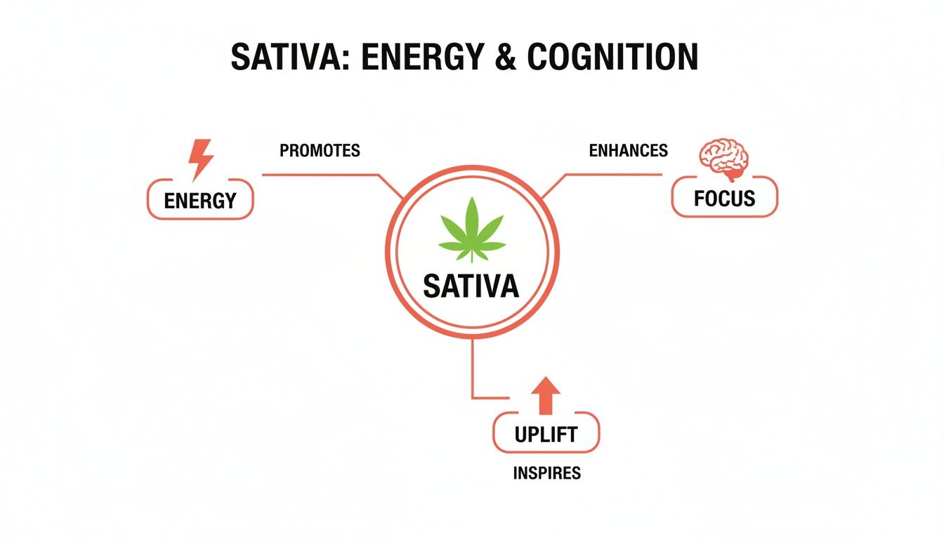 Diagram illustrating Sativa's effects, promoting energy, enhancing focus, and inspiring uplift.