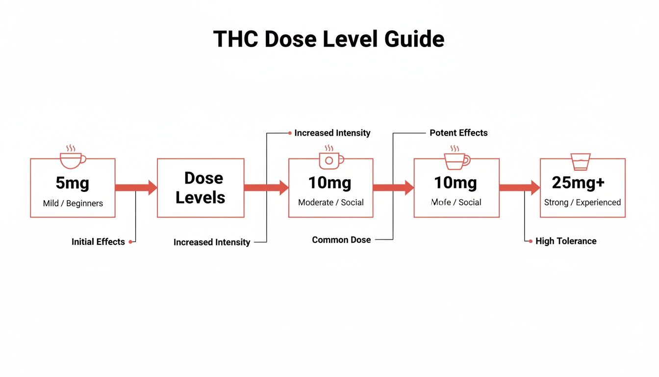 A THC dose level guide illustrating effects and user experience at 5mg, 10mg, and 25mg+.