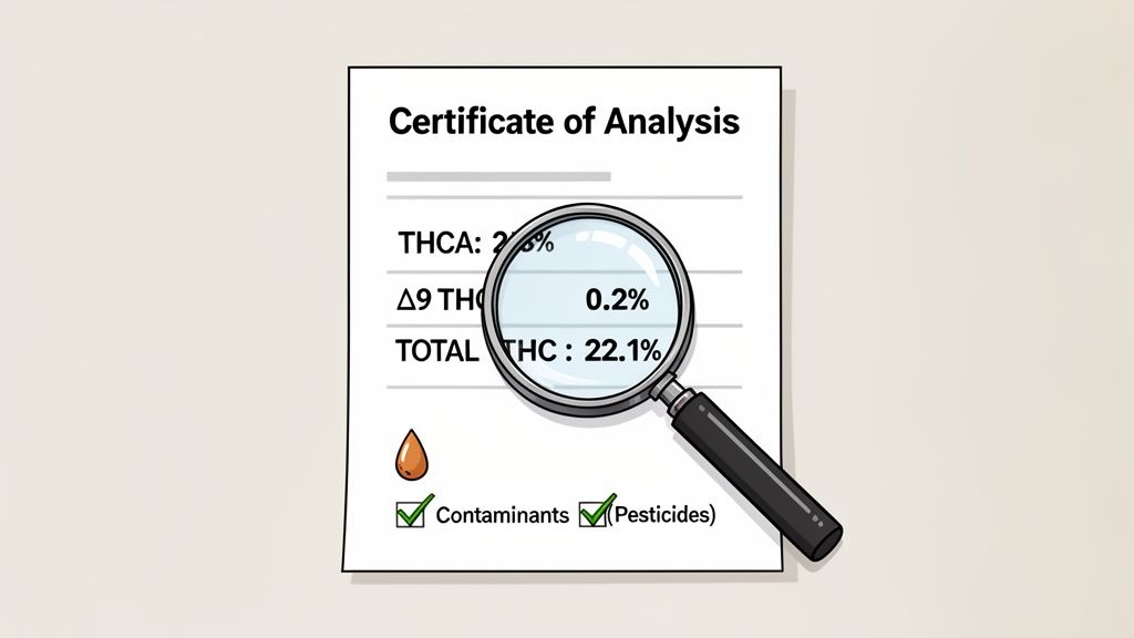 A certificate of analysis for cannabis, showing THC percentages under a magnifying glass, with checks for contaminants and pesticides.