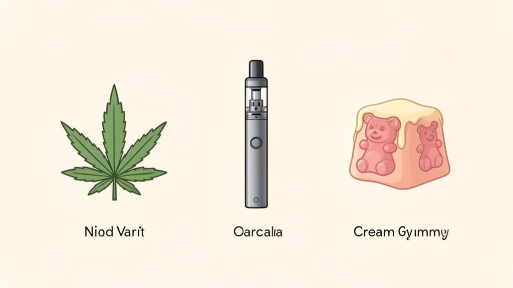 Illustration showing a cannabis leaf, a vape pen, and a cream gummy, labeled Niod Varit, Oarcalla, and Cream Gymmy.