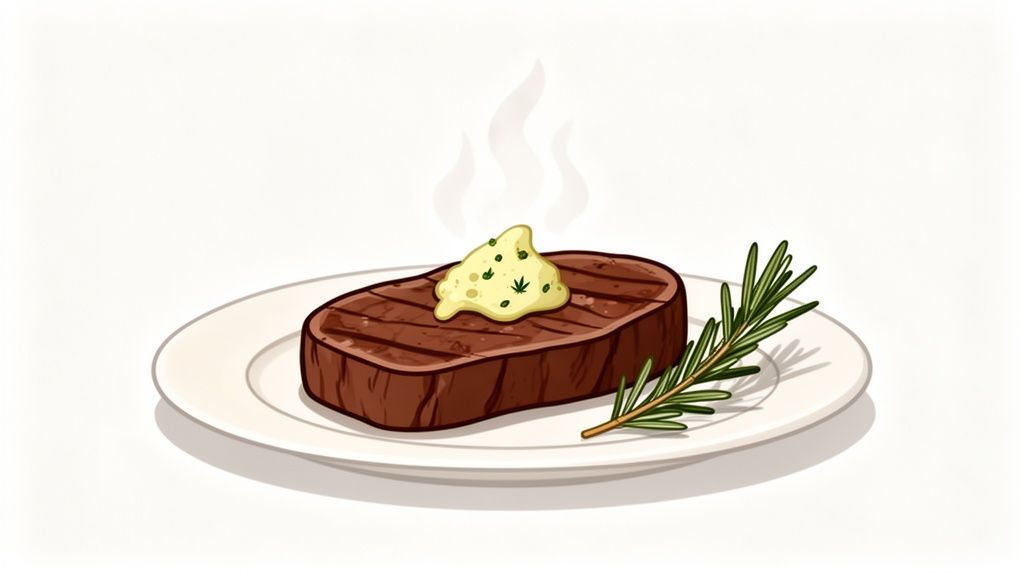 A perfectly cooked steak with melted cannabutter and a sprig of rosemary on a white plate, emitting steam.