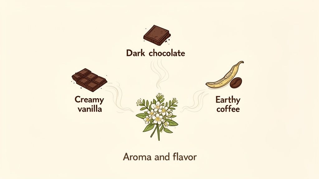 Illustration showing the aroma and flavor profiles of flowers, dark chocolate, creamy vanilla, and earthy coffee.