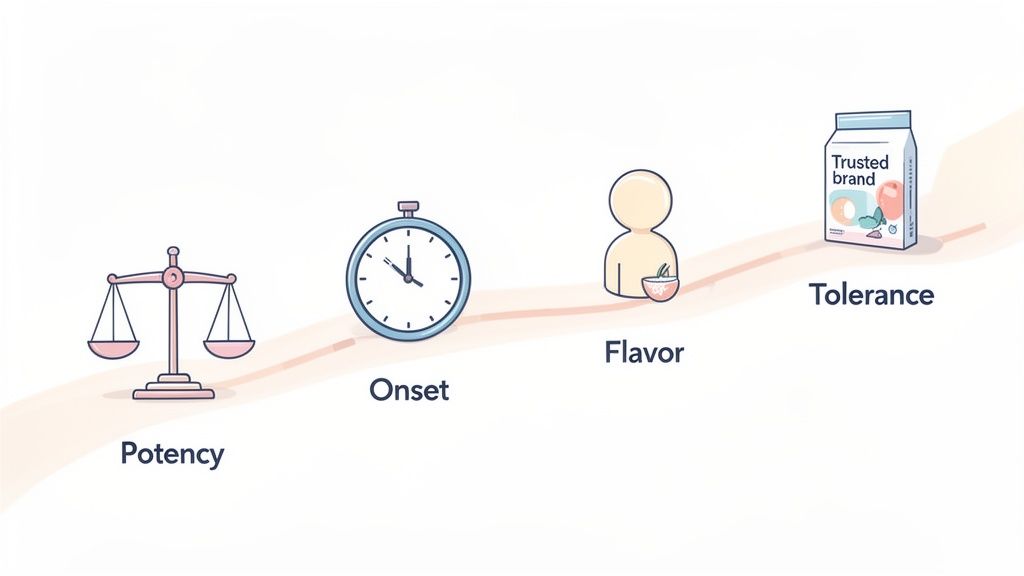 An illustration depicting potency, onset, flavor, and tolerance factors with relevant icons.