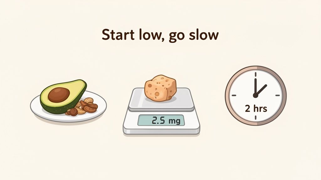 An illustration advising to 'Start low, go slow' when consuming edibles, showing a precise 2.5 mg dose and a 2-hour waiting period.