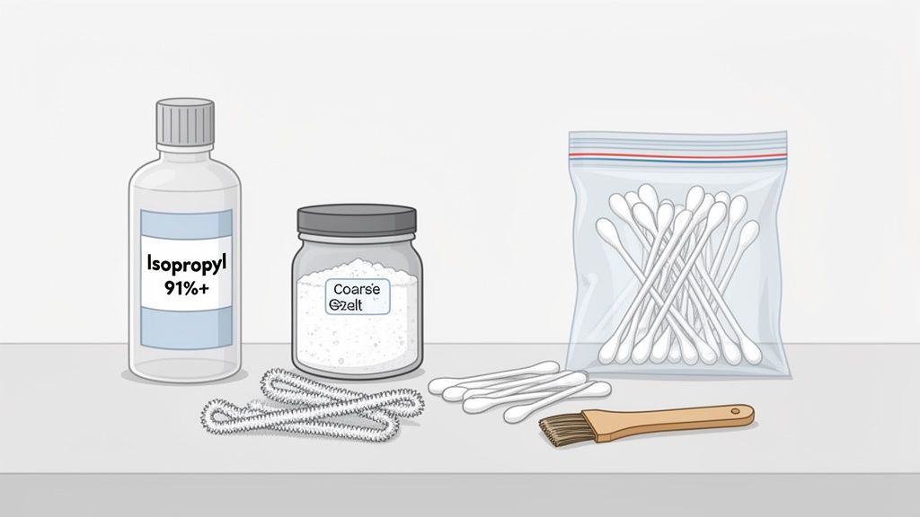 A collection of cleaning supplies including isopropyl alcohol, coarse salt, pipe cleaners, cotton swabs, and a brush.