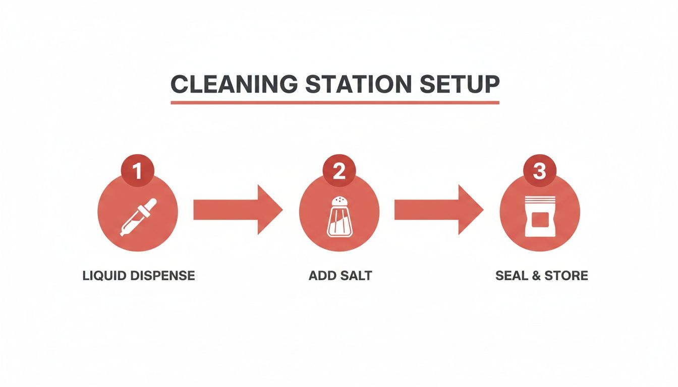 Diagram illustrating a 3-step cleaning station setup with icons for liquid dispense, add salt, and seal & store.