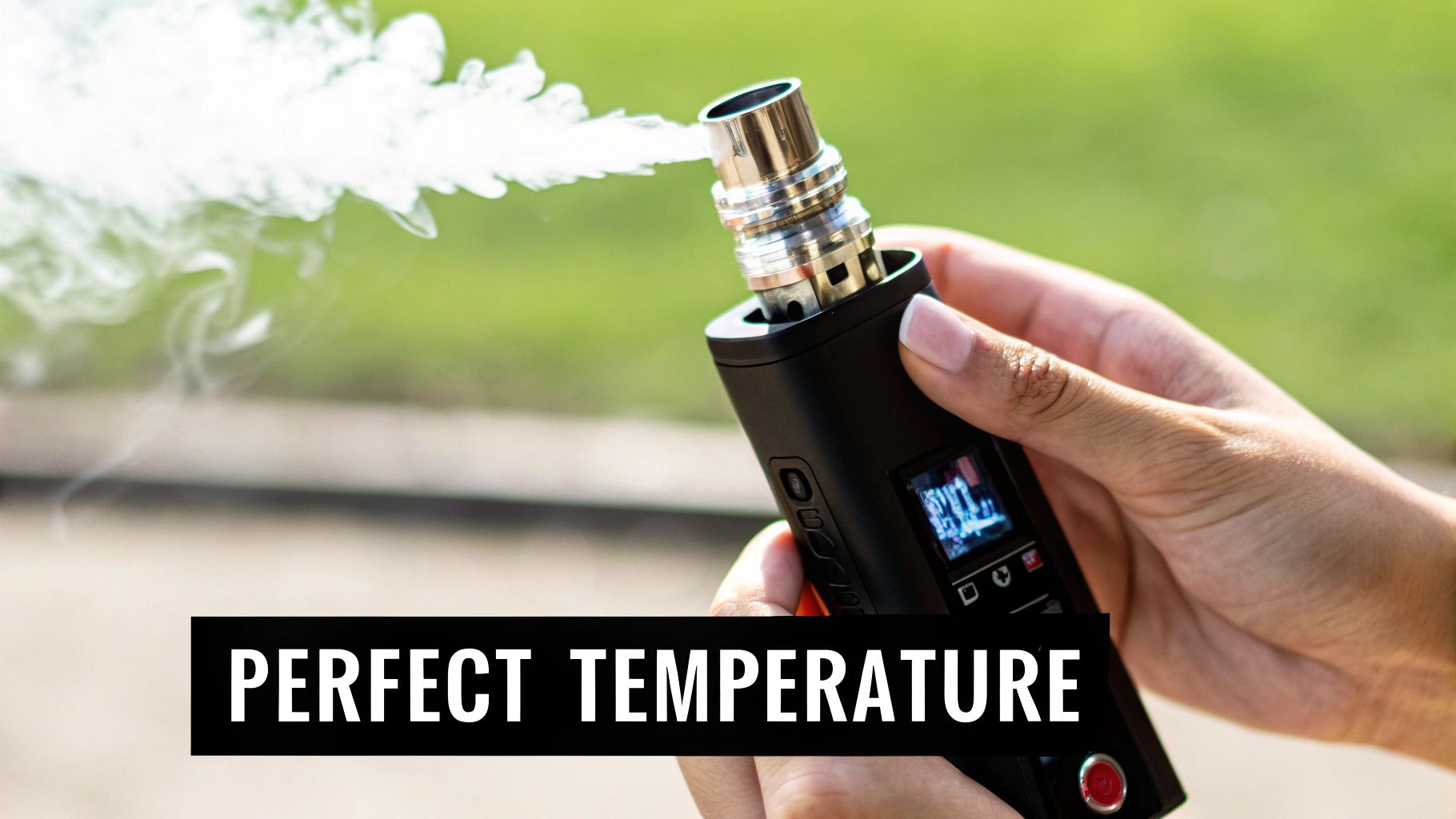 Close-up of a person holding a black vaping device emitting white vapor with 'PERFECT TEMPERATURE' text.