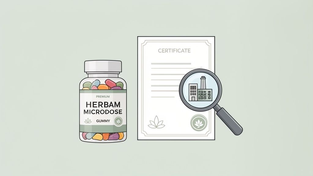 An illustration of a bottle of Herbam microdose gummies with a product certificate and factory inspection.