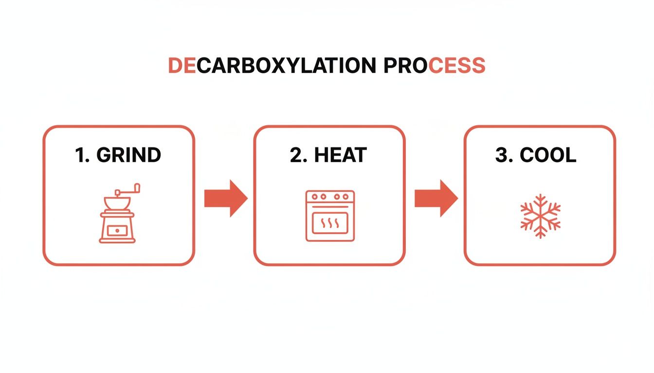 A diagram illustrating the decarboxylation process, showing steps to grind, heat, and cool ingredients.