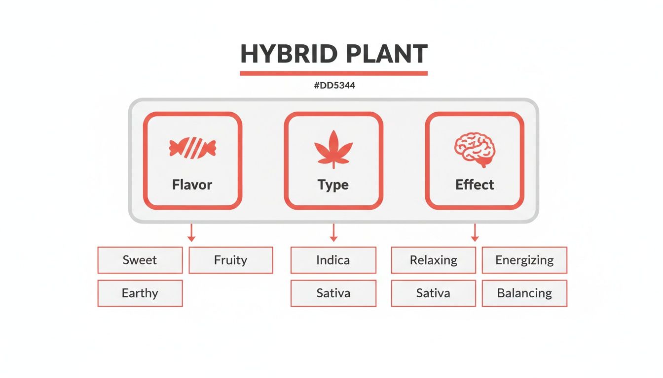 A diagram illustrating hybrid plant characteristics including flavor, type, and effects.