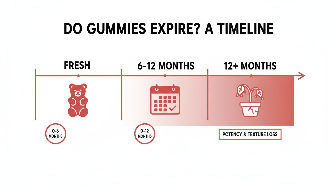 Infographic timeline explaining gummy expiration: fresh (0-6 months), 6-12 months, and potency/texture loss after 12+ months.