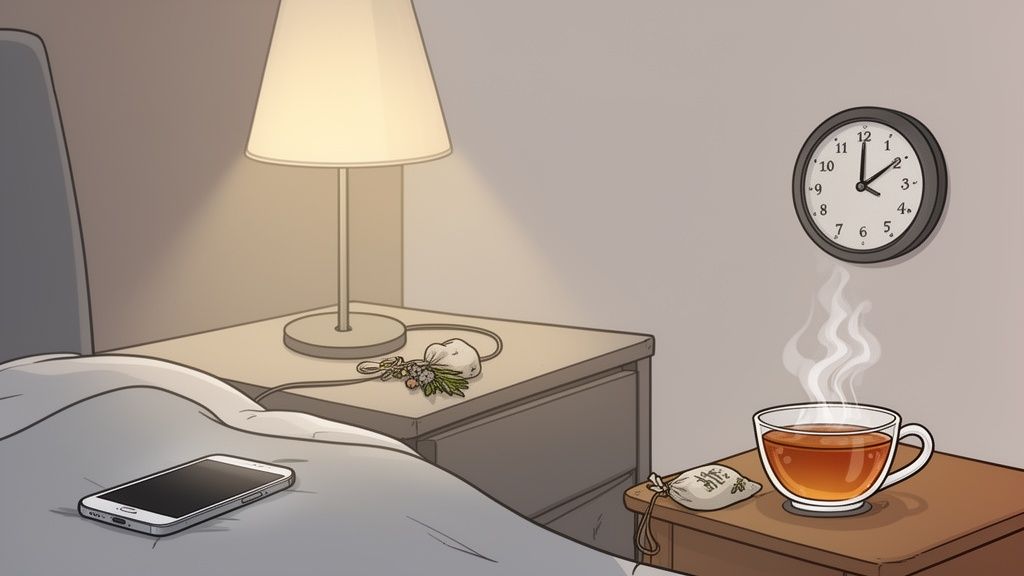 A bedside scene with a lamp, phone, steaming tea, and herbal sachets, suggesting relaxation.