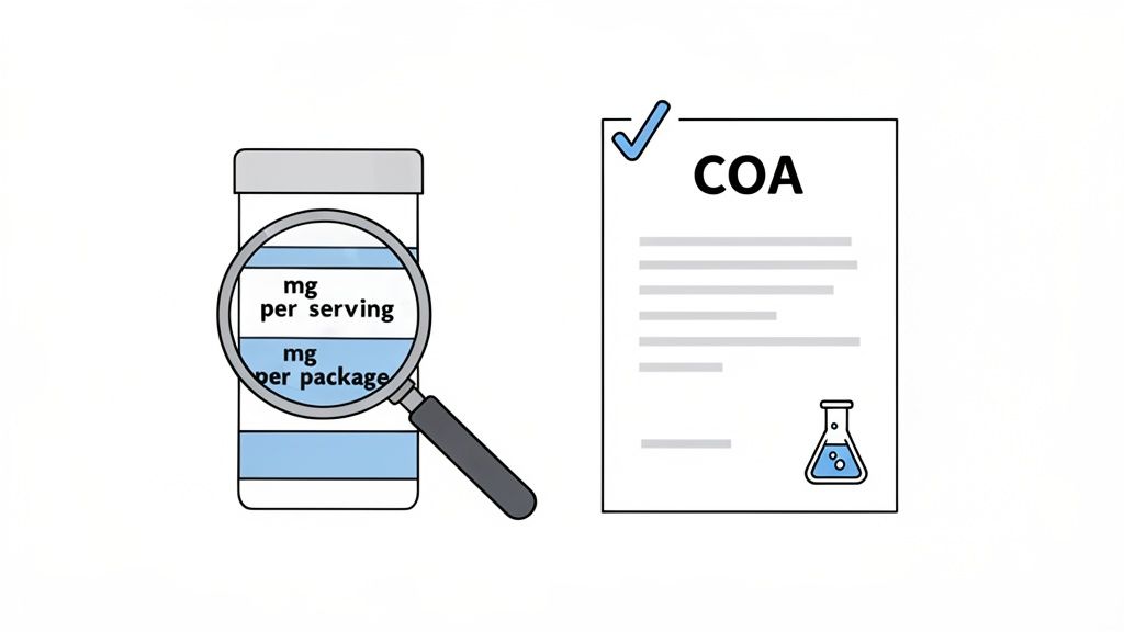 Illustration of checking product mg per serving, mg per package, and Certificate of Analysis.