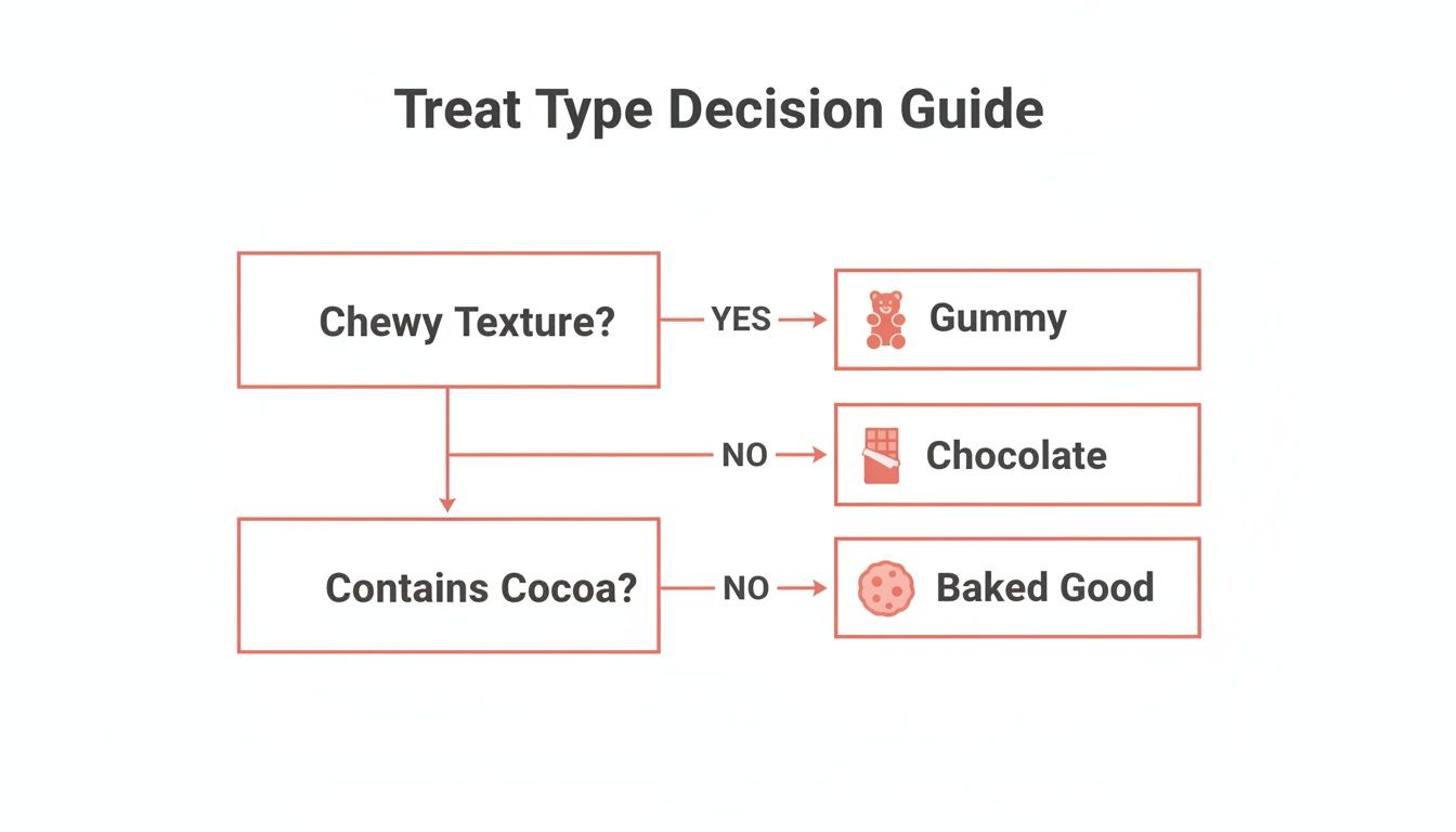 A flowchart titled 'Treat Type Decision Guide' classifying treats based on chewy texture and cocoa content.