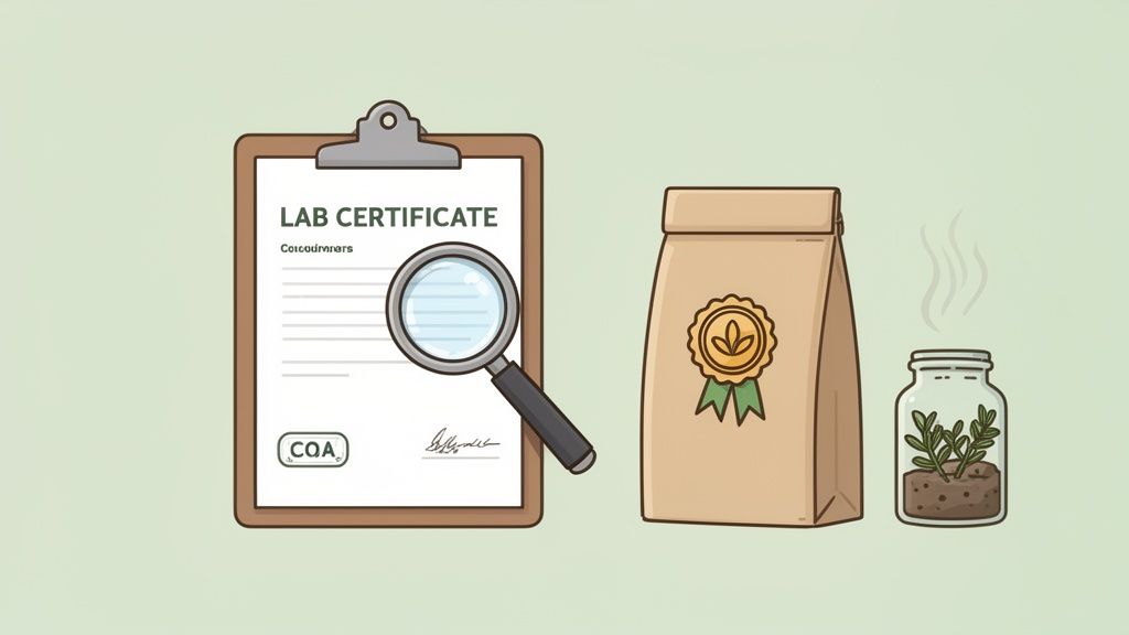 Illustration of cannabis product testing with a lab certificate, magnifying glass, bag, and plant jar.