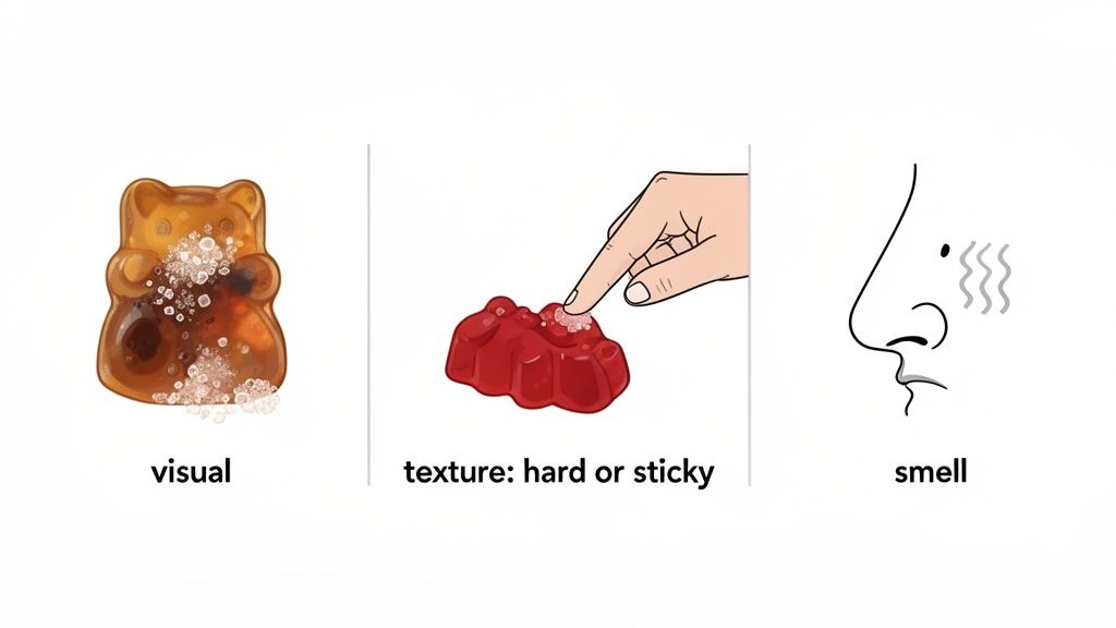 Three panels illustrate the visual appearance of a gummy bear, a hand touching a gummy for texture, and a nose for smell.
