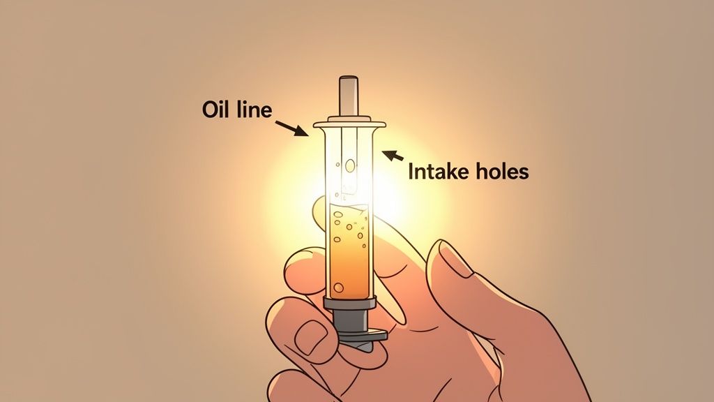 A hand holds a transparent cartridge showing oil level, intake holes, and bubbles, illuminated by bright light.