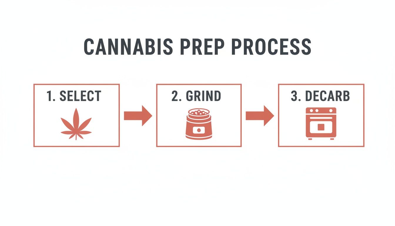 A diagram showing the three-step cannabis preparation process: Select, Grind, and Decarb.