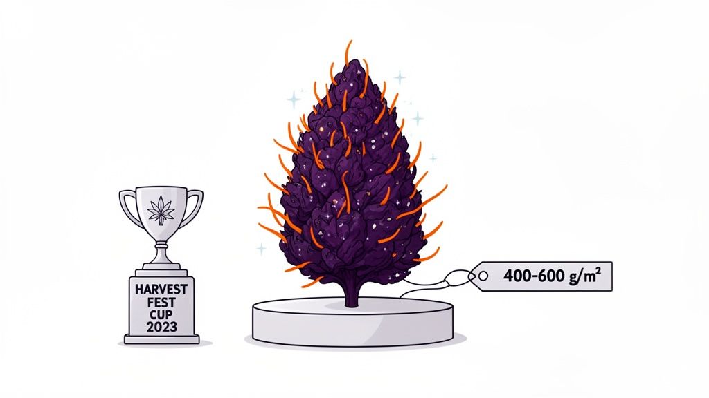 Cannabis festival trophy and a vibrant purple bud illustration, showing yield per square meter.
