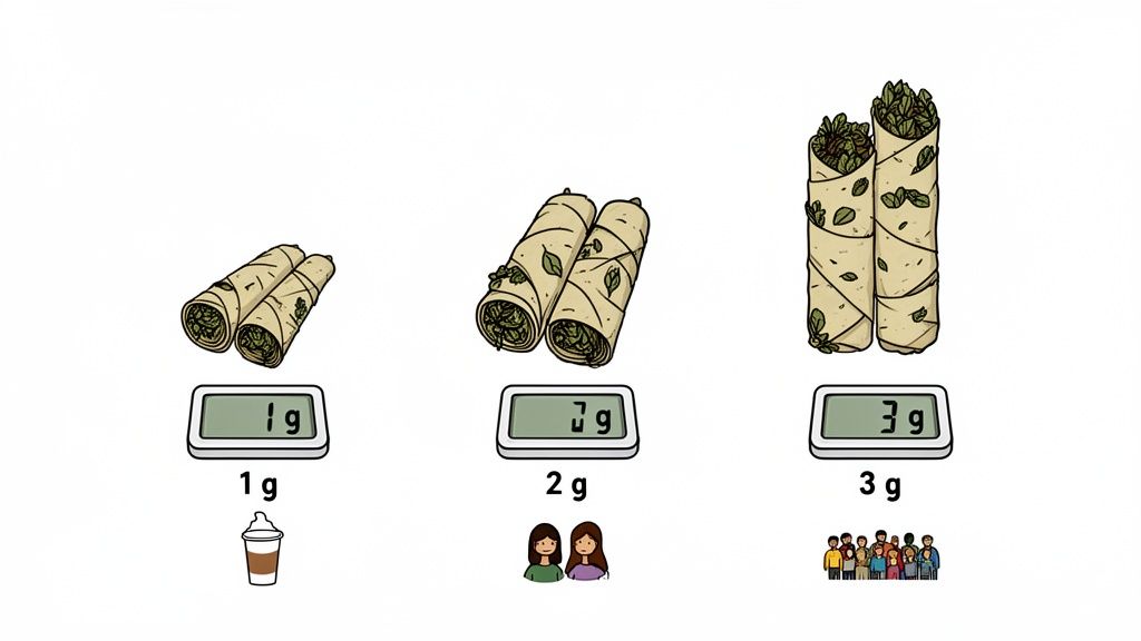 Illustration comparing cannabis blunts on scales, showing 1 gram, 2 grams, and 3 grams with corresponding quantities.
