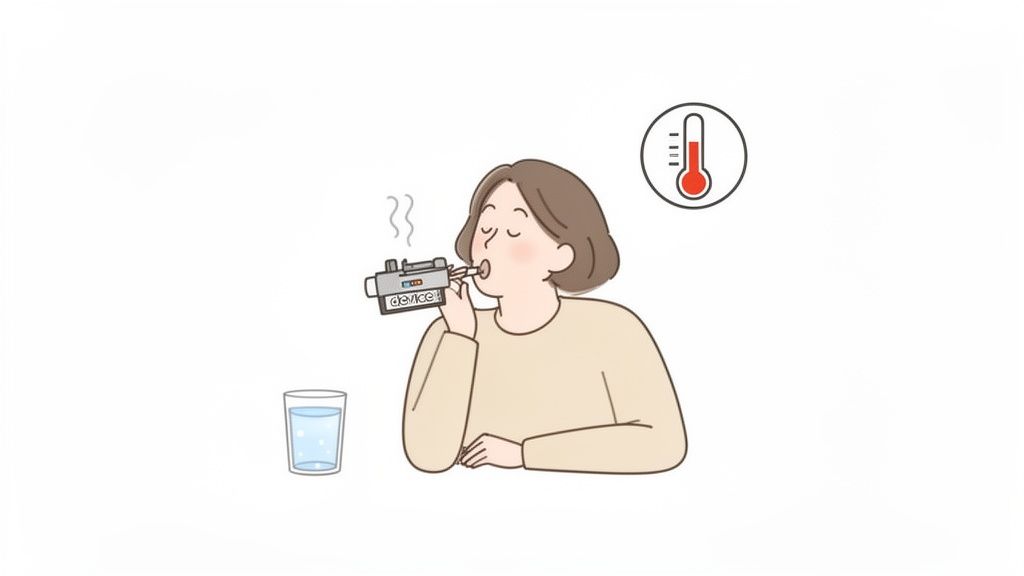 Illustration of a woman inhaling from a medical device, a thermometer indicates high temperature.