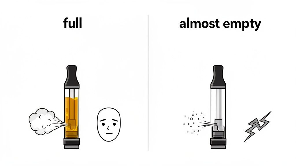 Illustration comparing a full vape cartridge producing vapor and an almost empty one with a harsh hit.