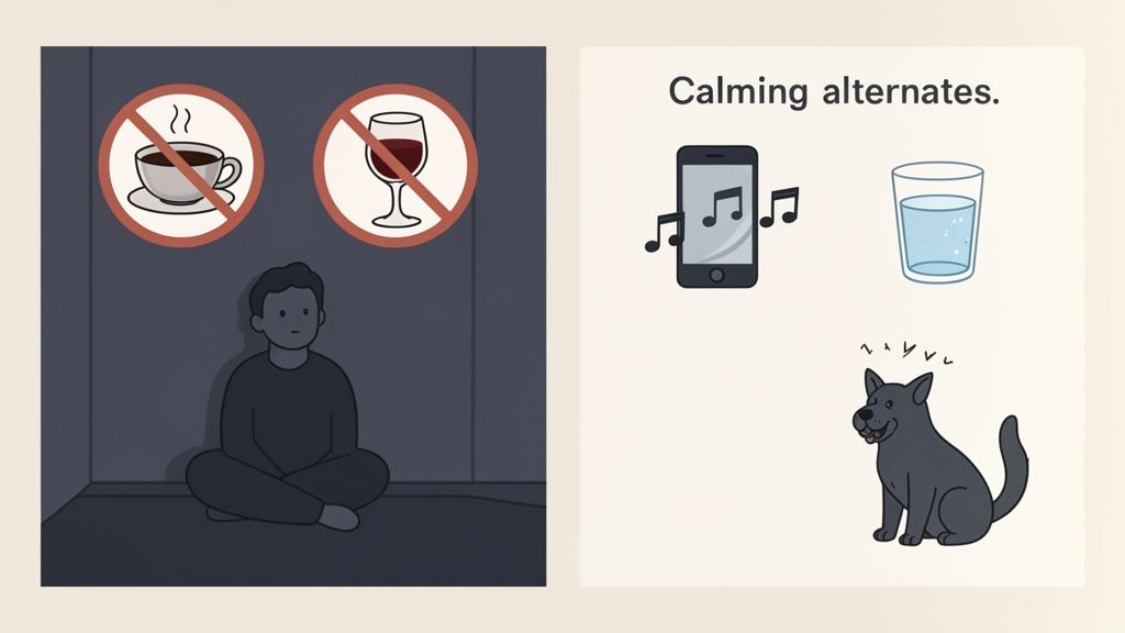 An illustration showing ways to calm down: avoiding coffee and alcohol, choosing music, water, and pet comfort.