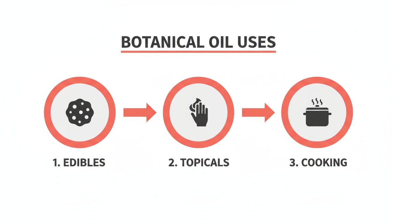 Infographic showing three botanical oil uses: edibles, topicals, and cooking, with corresponding icons.
