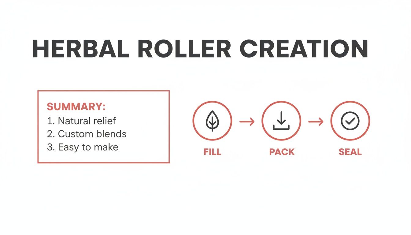 Infographic showing the herbal roller creation process: fill, pack, and seal, highlighting natural relief and custom blends.