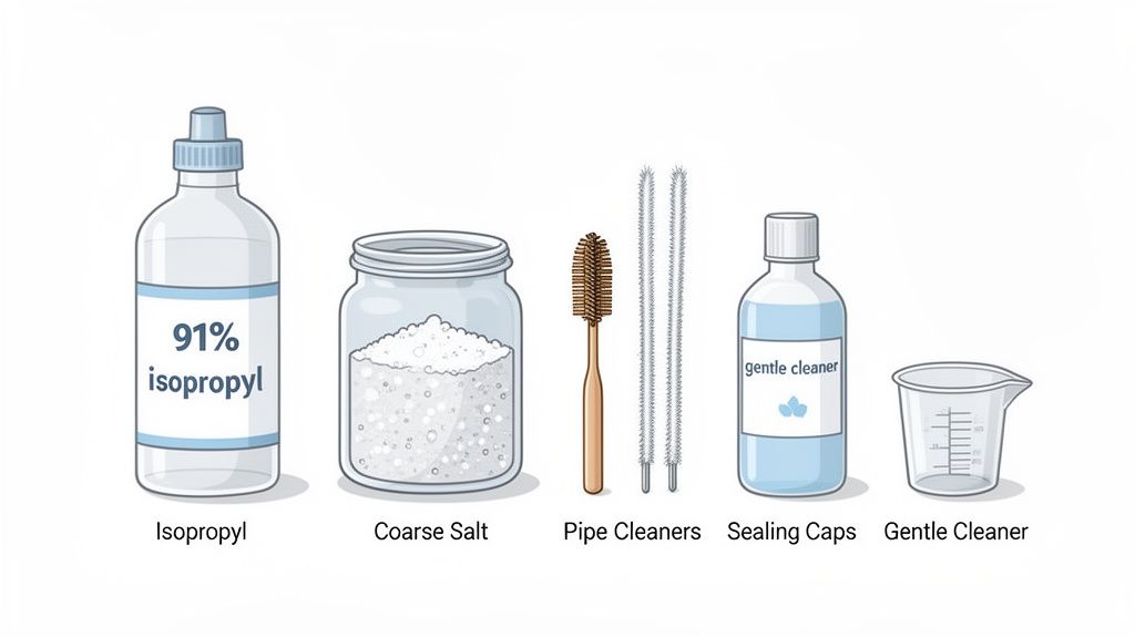 A collection of cleaning supplies including isopropyl alcohol, coarse salt, pipe cleaners, brush, gentle cleaner, and measuring cup.
